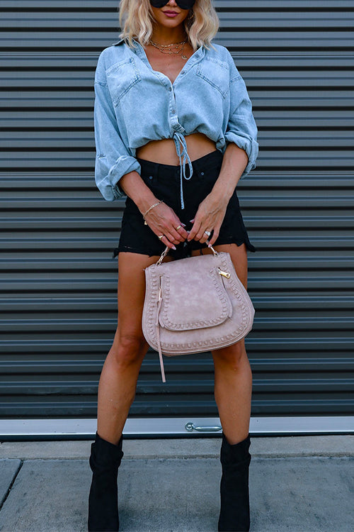 Priyavil Long Sleeves Drawstring Hem Cropped Denim Shirt