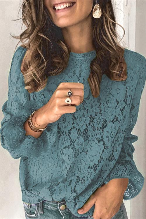Priyavil Floral Lace Hollow Out Bell Sleeves Tops