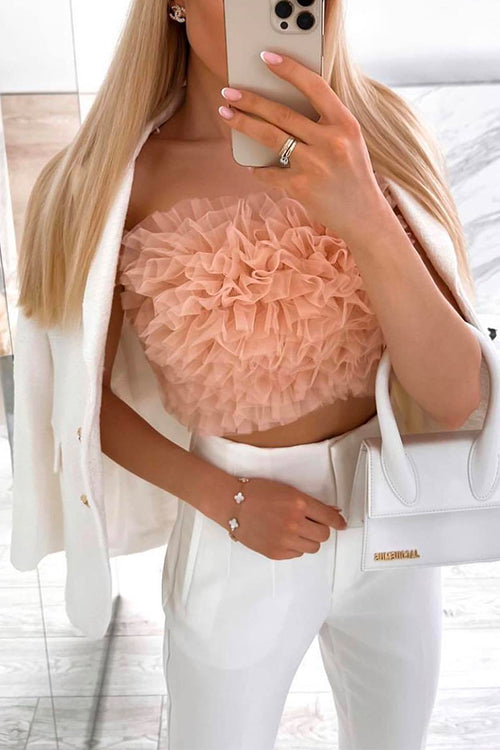 Priyavil Sweet Ruffle Mesh Crop Tube Top