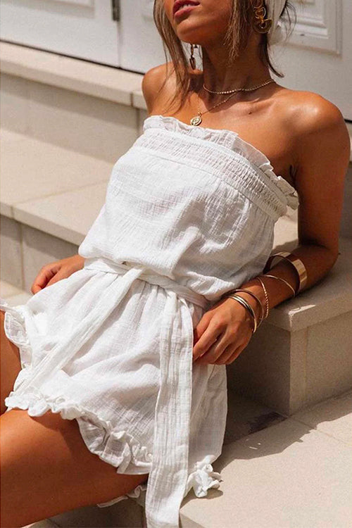 Priyavil Off Shoulder Sleeveless Tie Waist Ruffle Romper