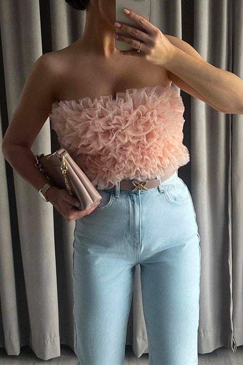 Priyavil Sweet Ruffle Mesh Crop Tube Top