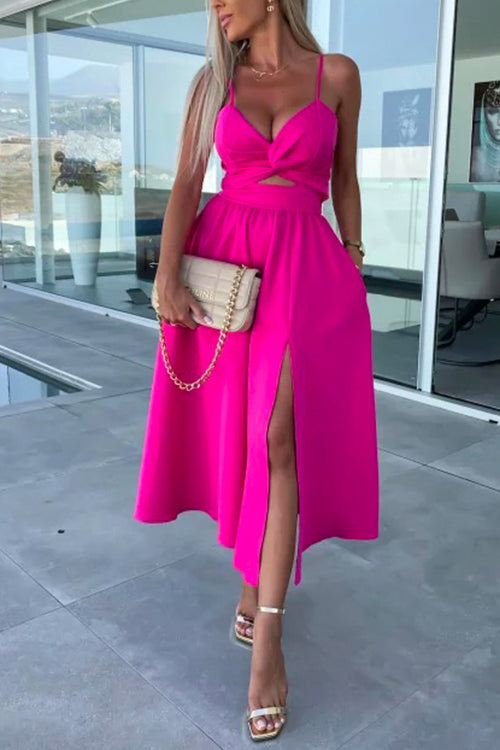 Priyavil V Neck Backless Twist Front Cut Out Slit Cami Party Dress