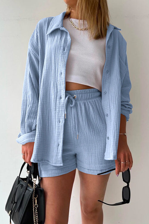 Priyavil Drop Shoulder Long Sleeves Blouse Shirt Drawstring Waist Shorts Set