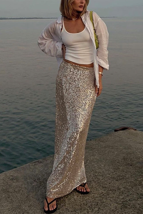 Priyavil Elastic Waist Sequin A-line Maxi Skirt