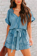 Priyavil V Neck Short Sleeves Tie Waist Pockets Denim Romper