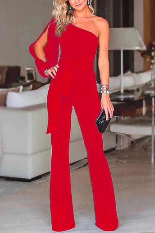 Priyavil One Shoulder Slit Sleeve Tie Knot Jumpsuit