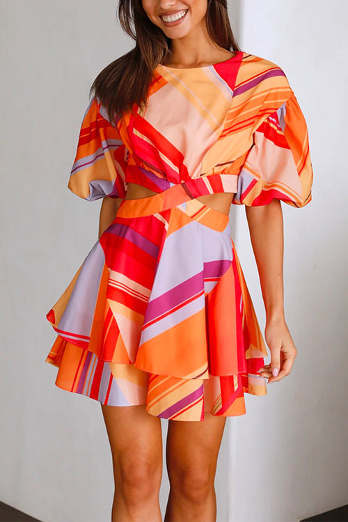 Priyavil Puff Sleeves Cut Out Waist Printed Ruffle Mini Dress