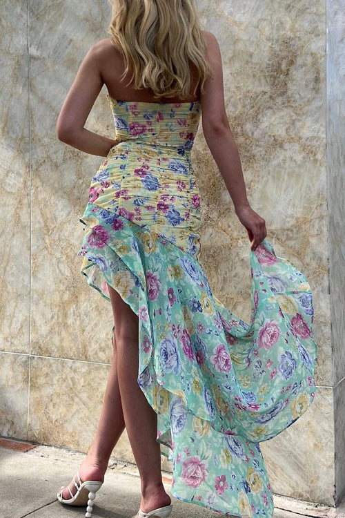 Priyavil Strapless Asymmetric Hem Floral Print Bodycon Midi Dress