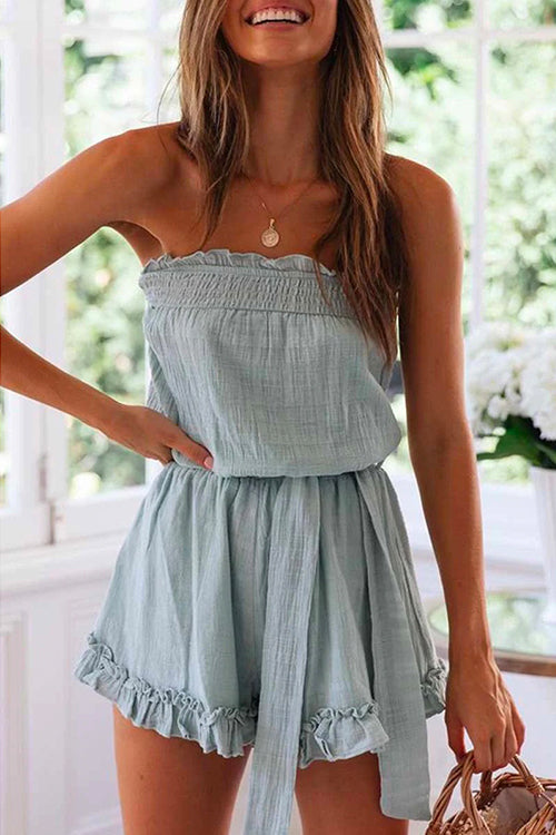 Priyavil Off Shoulder Sleeveless Tie Waist Ruffle Romper