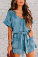 Priyavil V Neck Short Sleeves Tie Waist Pockets Denim Romper