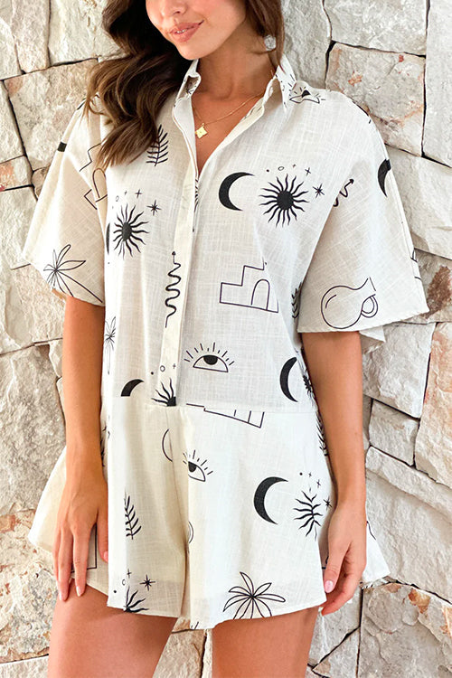 Priyavil Short Sleeves Button Up Wide Leg Printed Romper