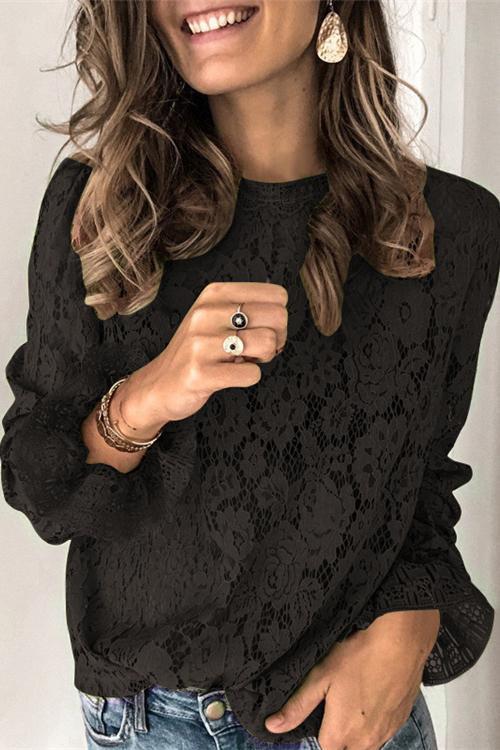 Priyavil Floral Lace Hollow Out Bell Sleeves Tops
