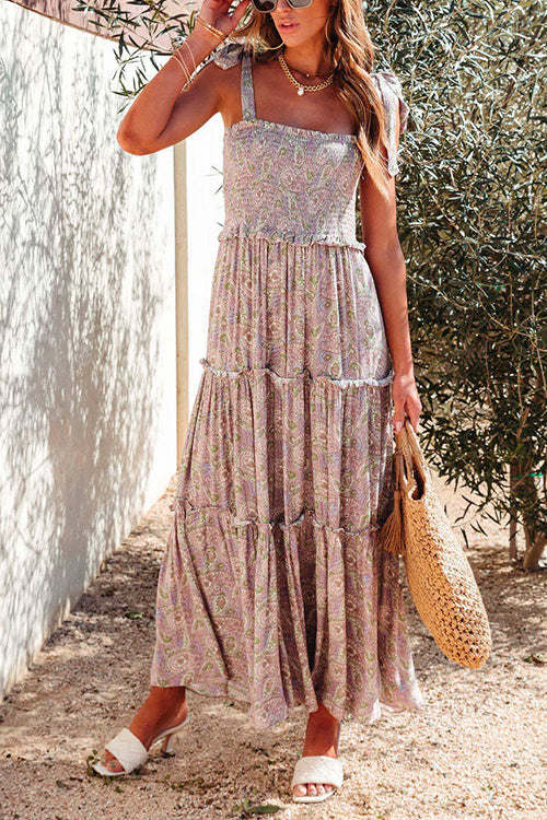 Priyavil Bow Knot Shoulder Frilled Ruffle Tiered Printed Maxi holiday Dress