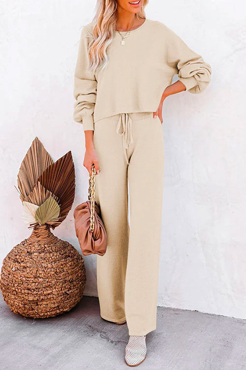 Priyavil Round Neck Pullover Drawstring Waist Wide Leg Pants Loungewear Set