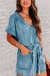 Priyavil V Neck Short Sleeves Tie Waist Pockets Denim Romper