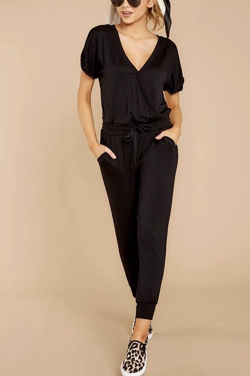 Priyavil V Neck Short Sleeve Tie Waist Solid Jumpsuit