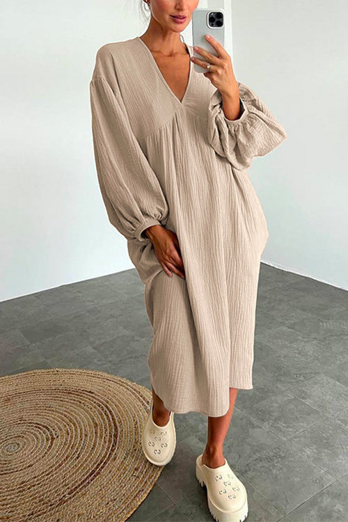 Priyavil V Neck Long Sleeves Baggy Loungewear Midi Dress