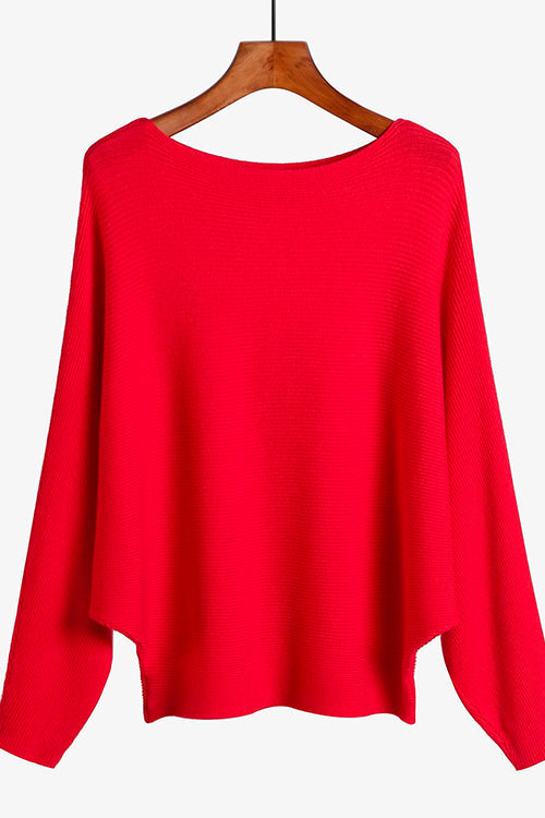 Priyavil Boat Neck Batwing Sleeves Ribbed Knit Sweater