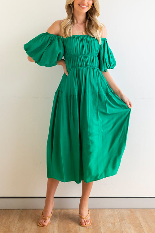 Priyavil Off Shoulder Puff Sleeves Frilled Waist Midi Swing Dress
