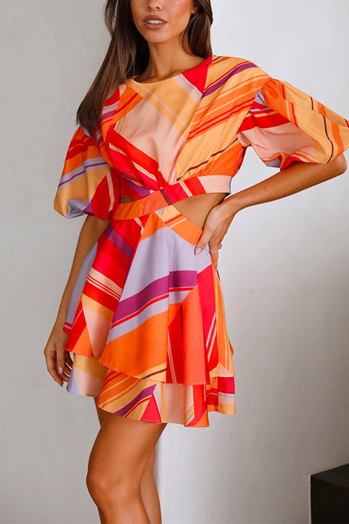 Priyavil Puff Sleeves Cut Out Waist Printed Ruffle Mini Dress