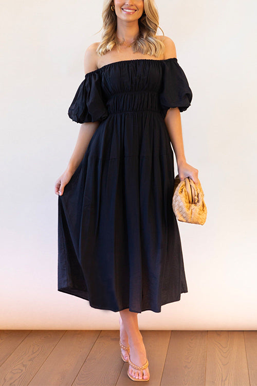 Priyavil Off Shoulder Puff Sleeves Frilled Waist Midi Swing Dress