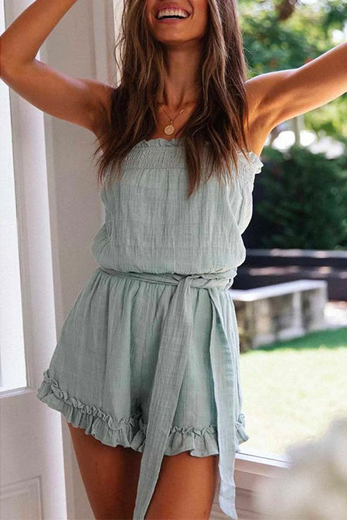 Priyavil Off Shoulder Sleeveless Tie Waist Ruffle Romper
