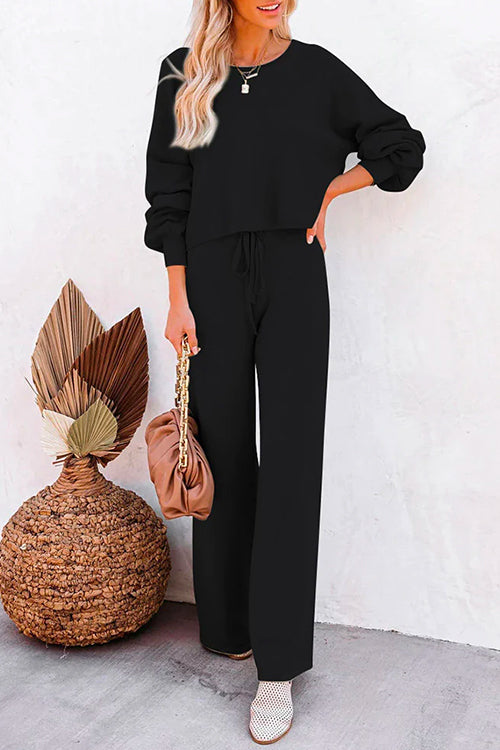 Priyavil Round Neck Pullover Drawstring Waist Wide Leg Pants Loungewear Set