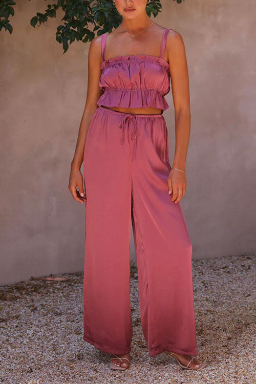 Priyavil Ruffle Cami Top Drawstring Waist Wide Leg Pants Satin Set