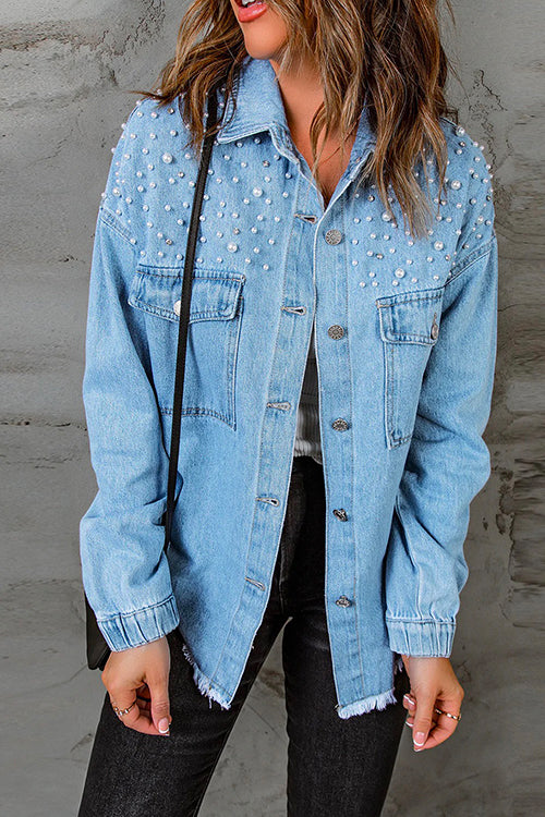Priyavil Pearls Beading Raw Hem Distressed Denim Shirt Jacket