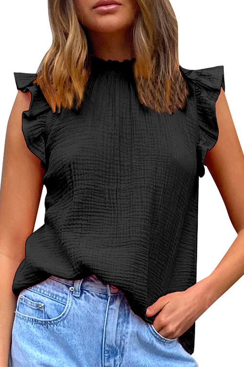 Priyavil Mockneck Sleeveless Ruffle Trim Chiffon Top