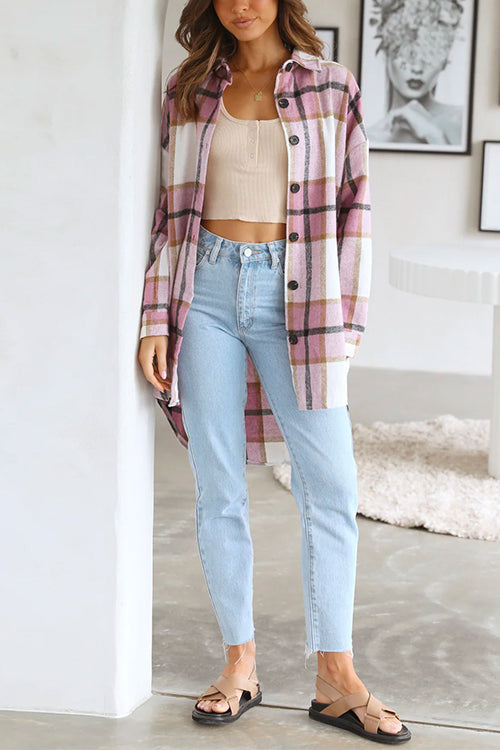 Priyavil Curve Hem Color Block Plaid Shacket Jacket