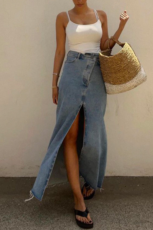 Priyavil Raw Hem High Slit Maxi Denim Skirt