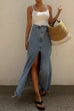 Priyavil Raw Hem High Slit Maxi Denim Skirt