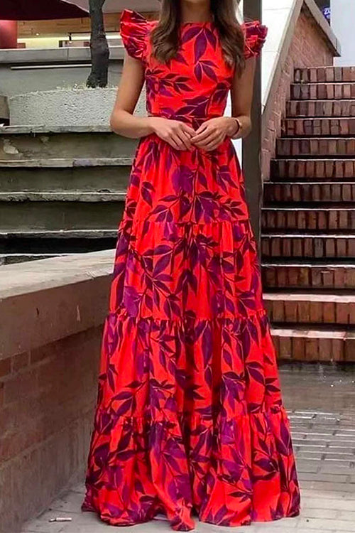 Priyavil Flounce Sleeves Back Lace Up Printed Tiered Maxi Dress