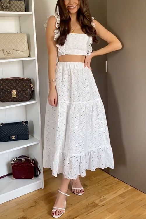 Priyavil Ruffle Trim Lace Hollow Out Crop Tank Top