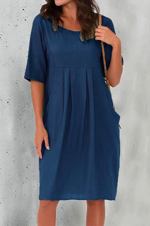 Priyavil Half Sleeve Ruched Shift Cotton Linen Dress