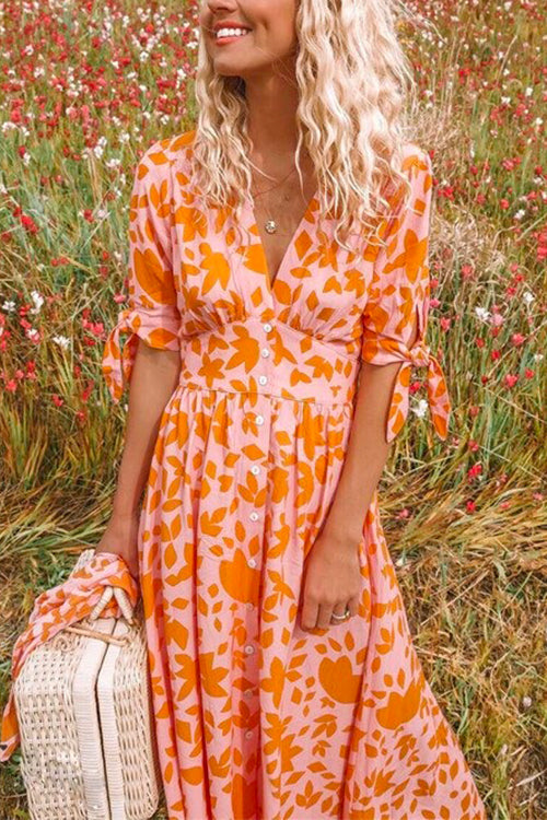 Priyavil V Neck Knot Cuff Button Down Printed Holiday Dress