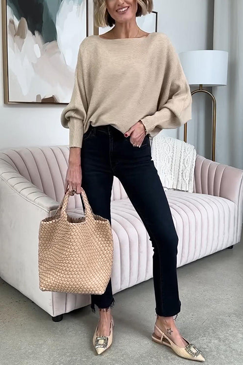 Priyavil Boat Neck Batwing Sleeves Ribbed Knit Sweater