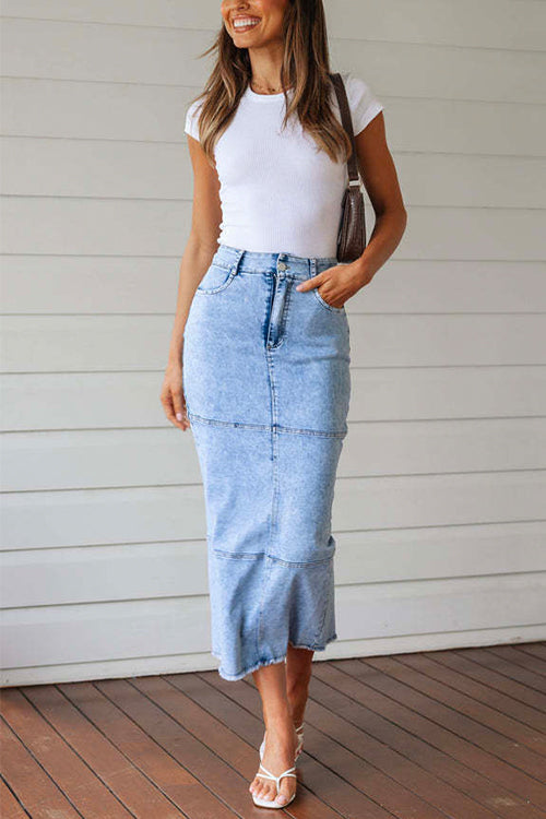 Priyavil Back Slit Raw Hem Splice Midi Denim Skirt
