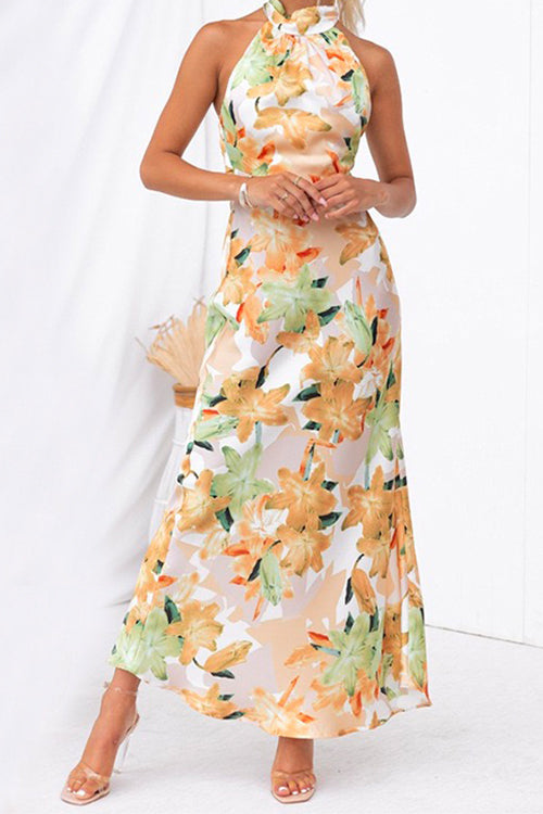 Priyavil Tie Neck Backless Floral Printed Maxi Flowy Dress