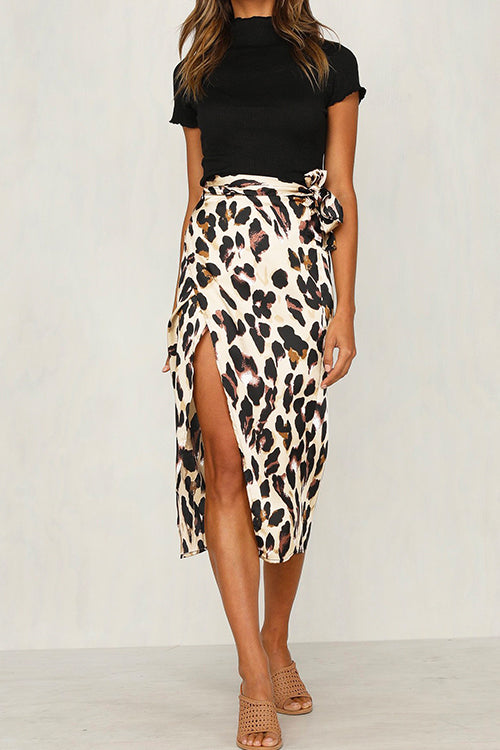 Priyavil Knot Waist Slit Midi Leopard Skirt