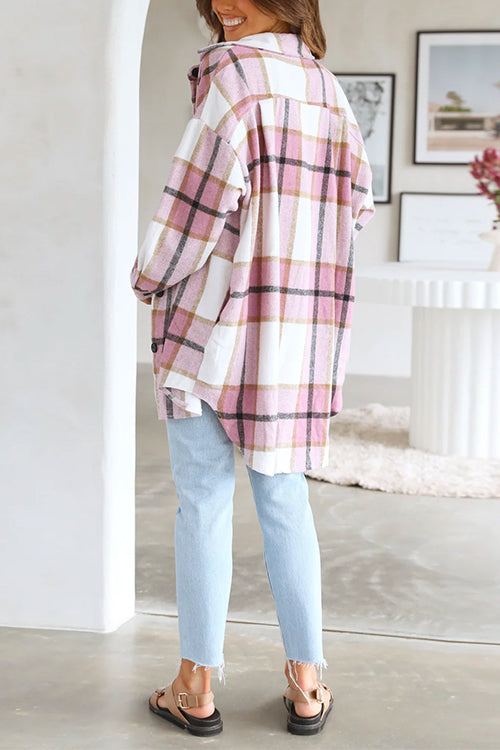 Priyavil Curve Hem Color Block Plaid Shacket Jacket