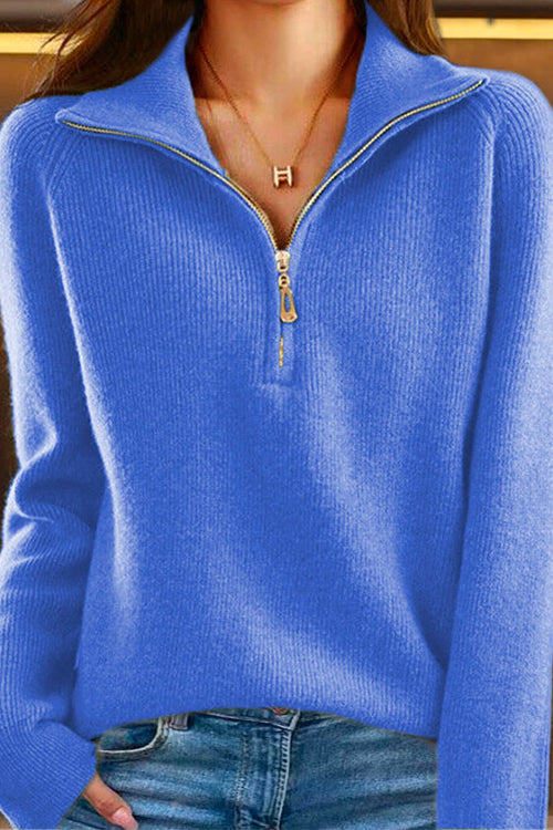 Priyavil Half Zipper Up Ribbed Knit Pullover Sweater