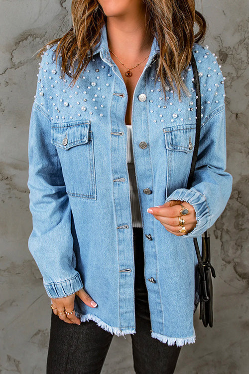 Priyavil Pearls Beading Raw Hem Distressed Denim Shirt Jacket