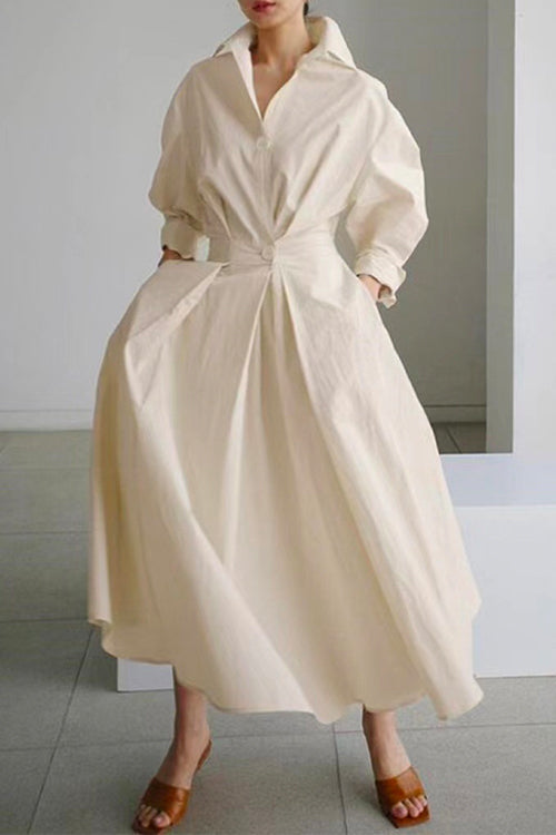 Priyavil Chic Collared Long Sleeves Waisted Cotton Linen Maxi Shirt Dress