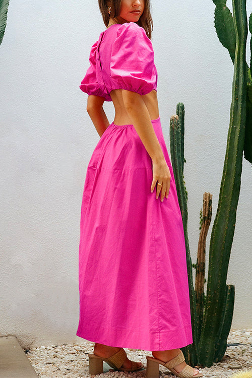 Priyavil Puff Sleeve Cut Out Waist Maxi Vacation Dress