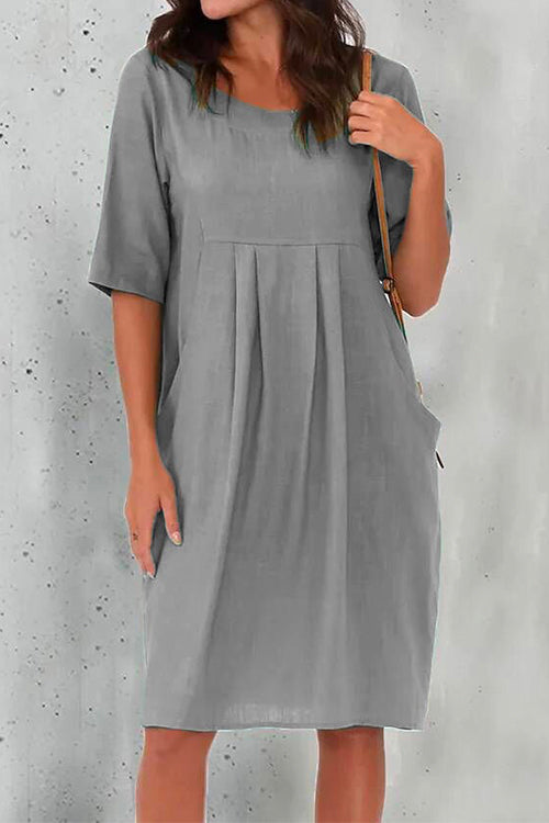 Priyavil Half Sleeve Ruched Shift Cotton Linen Dress