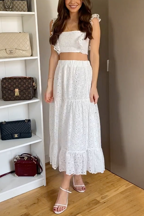 Priyavil Ruffle Trim Lace Hollow Out Crop Tank Top