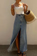 Priyavil Raw Hem High Slit Maxi Denim Skirt