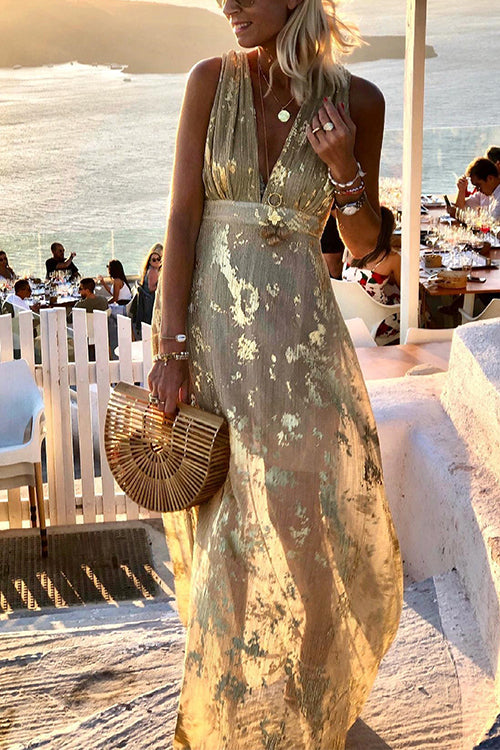 Priyavil Sleeveless Deep V Neck Waisted Printed Maxi Party Dress